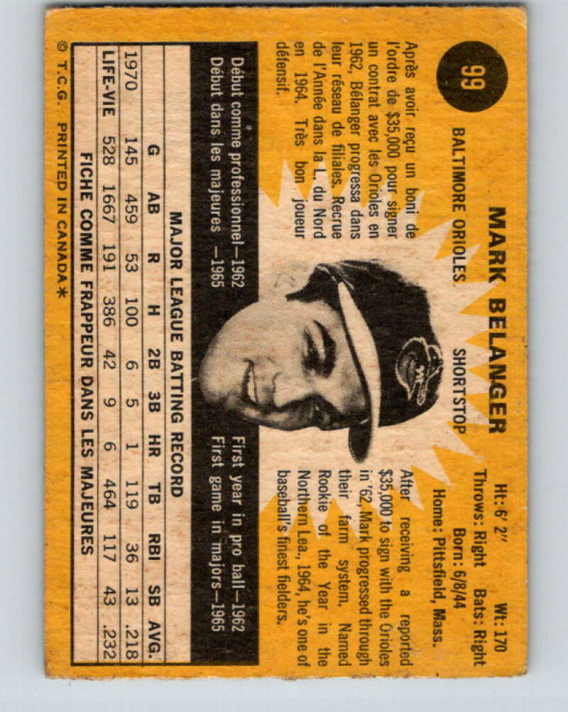 1971 O-Pee-Chee MLB #99 Mark Belanger� Baltimore Orioles� V10829