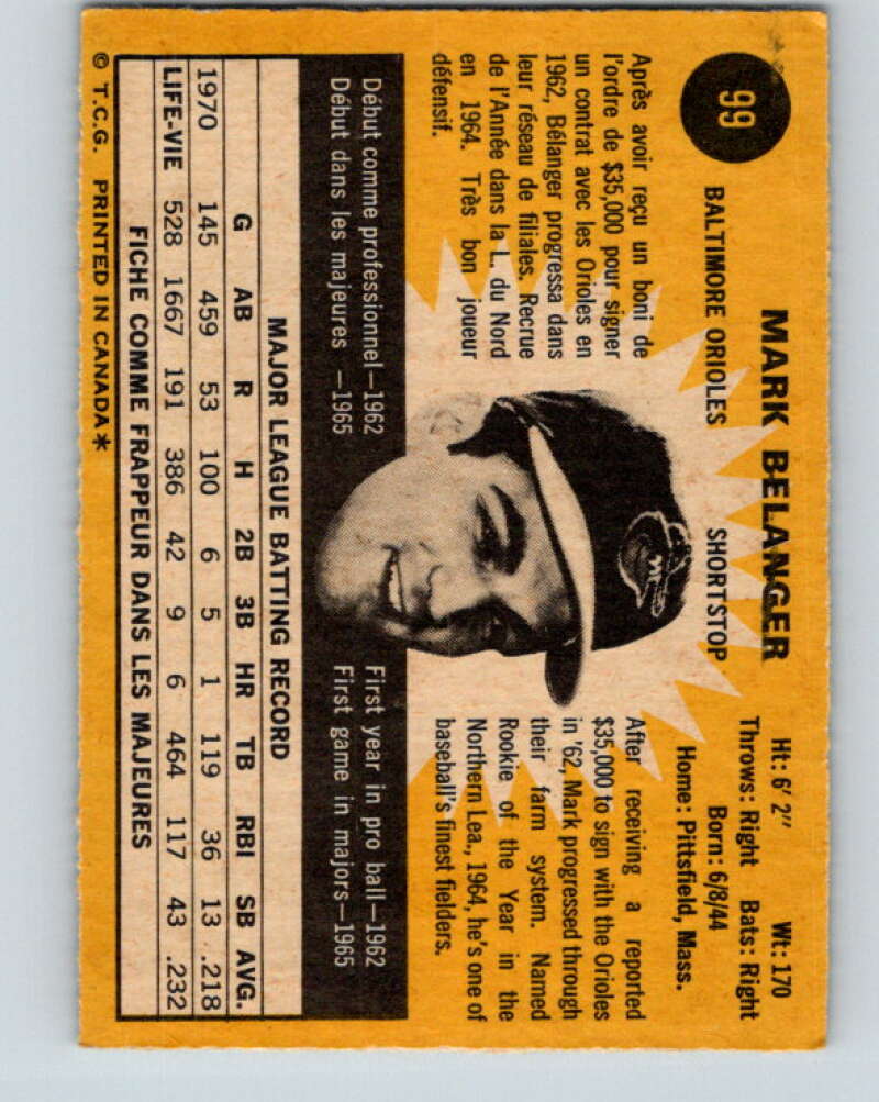1971 O-Pee-Chee MLB #99 Mark Belanger� Baltimore Orioles� V10831