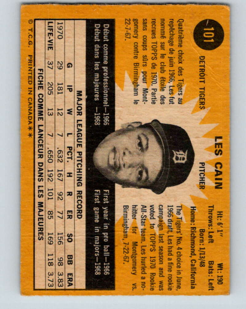 1971 O-Pee-Chee MLB #101 Les Cain� Detroit Tigers� V10835