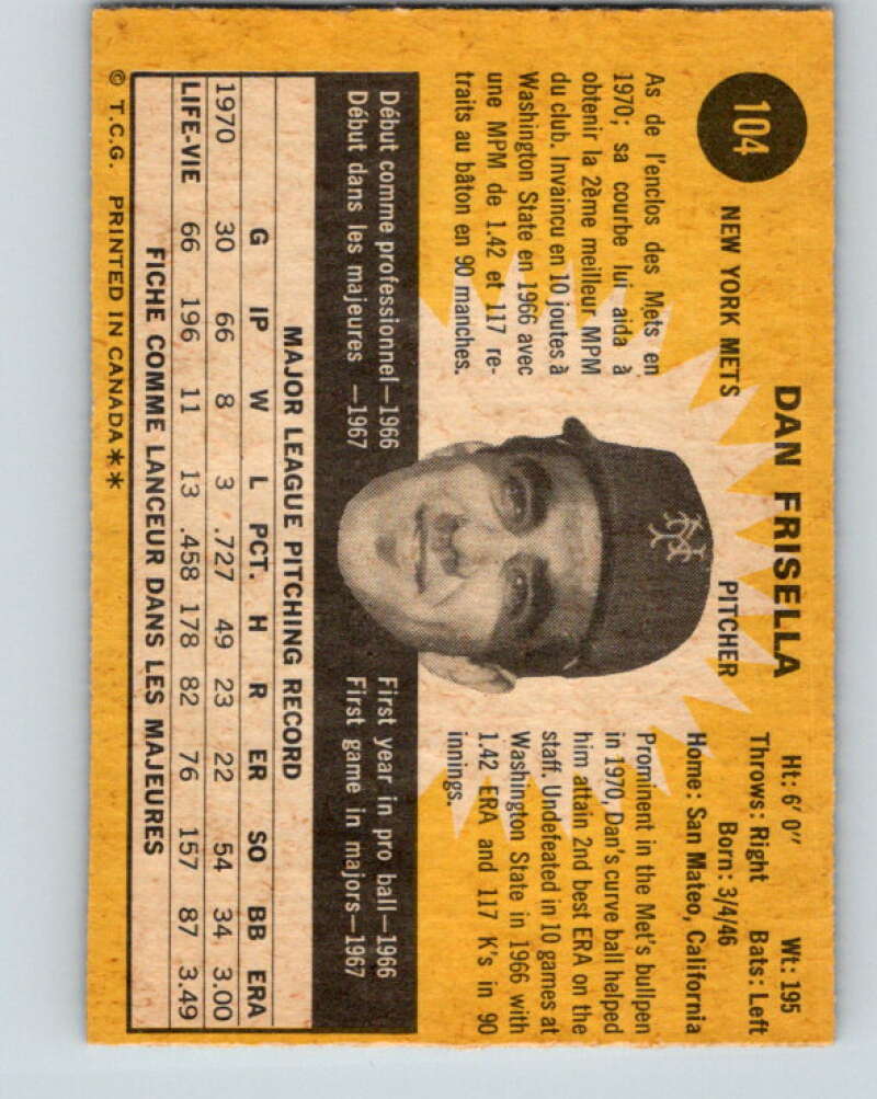 1971 O-Pee-Chee MLB #104 Dan Frisella� New York Mets� V10839