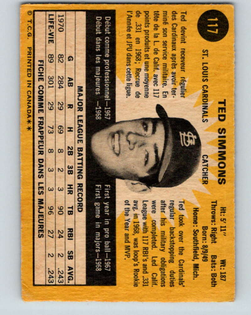 1971 O-Pee-Chee MLB #117 Ted Simmons� RC Rookie St. Louis Cardinals� V10854