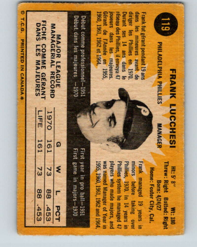 1971 O-Pee-Chee MLB #119 Frank Lucchesi� Philadelphia Phillies� V10858