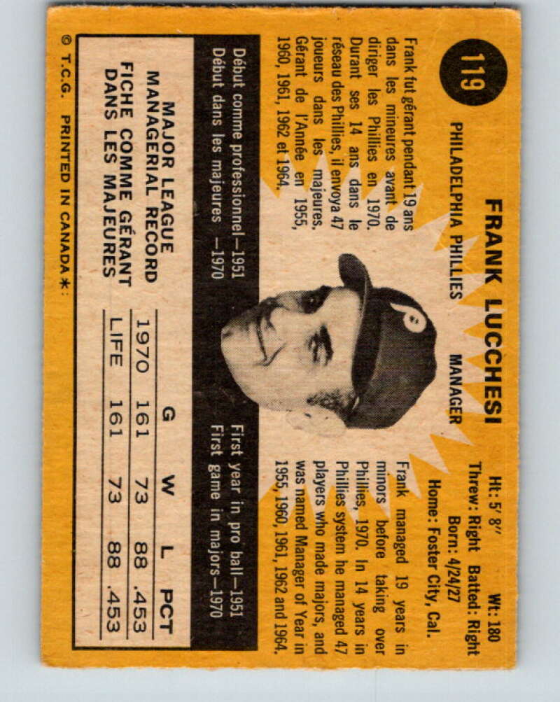 1971 O-Pee-Chee MLB #119 Frank Lucchesi� Philadelphia Phillies� V10859