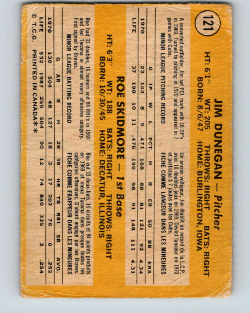 1971 O-Pee-Chee MLB #121 Dunegan/Skidmore� RC Rookie� V10867