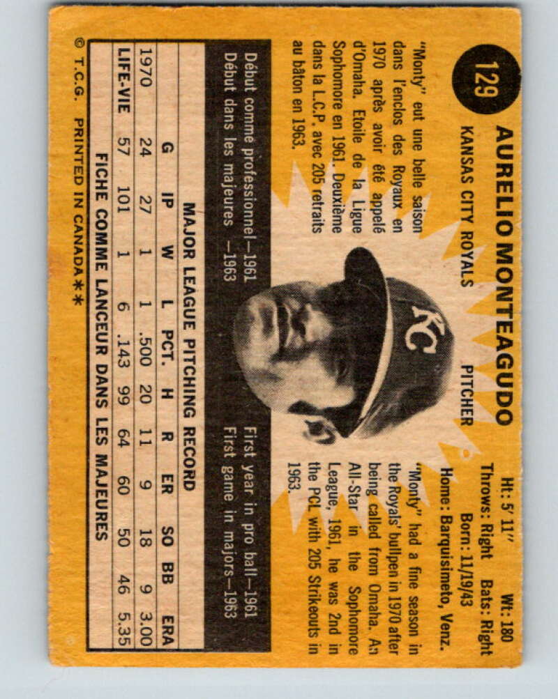 1971 O-Pee-Chee MLB #129 Aurelio Monteagudo� Kansas City Royals� V10878