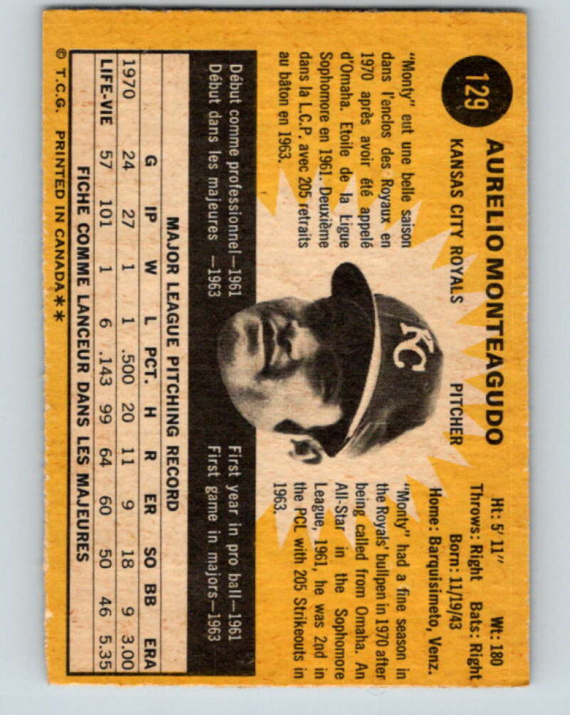 1971 O-Pee-Chee MLB #129 Aurelio Monteagudo� Kansas City Royals� V10881