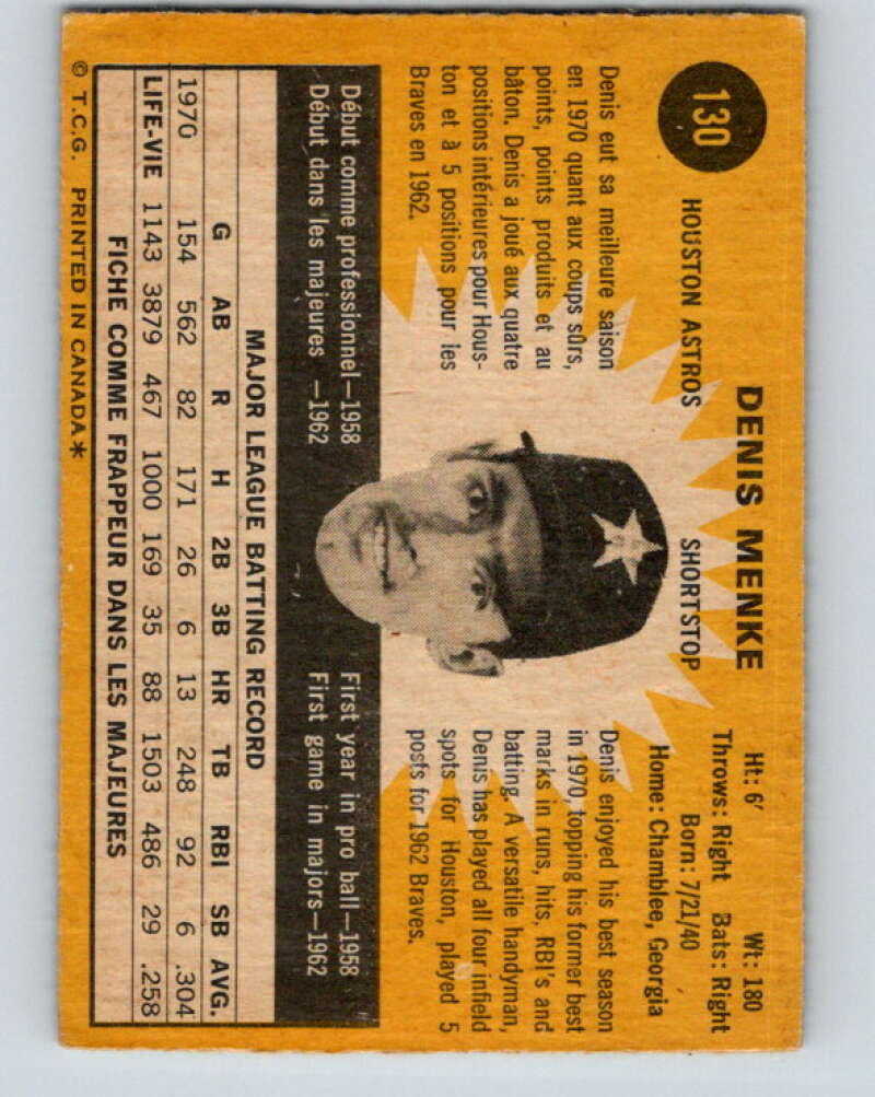 1971 O-Pee-Chee MLB #130 Denis Menke� Houston Astros� V10883