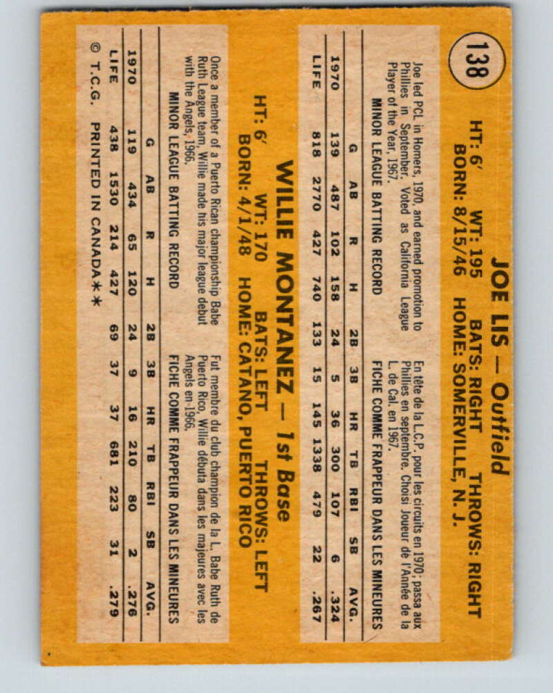 1971 O-Pee-Chee MLB #138 Lis/Montanez� RC Rookie� V10895