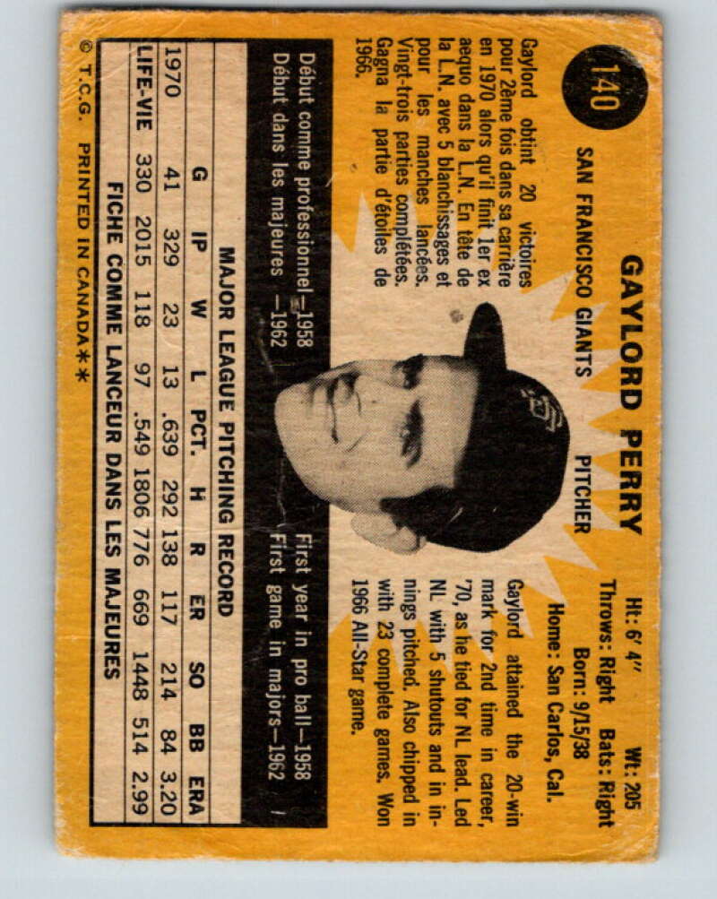 1971 O-Pee-Chee MLB #140 Gaylord Perry� San Francisco Giants� V10901