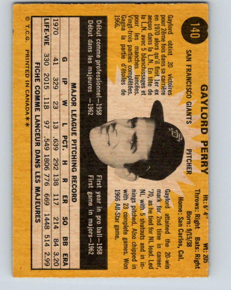 1971 O-Pee-Chee MLB #140 Gaylord Perry� San Francisco Giants� V10902