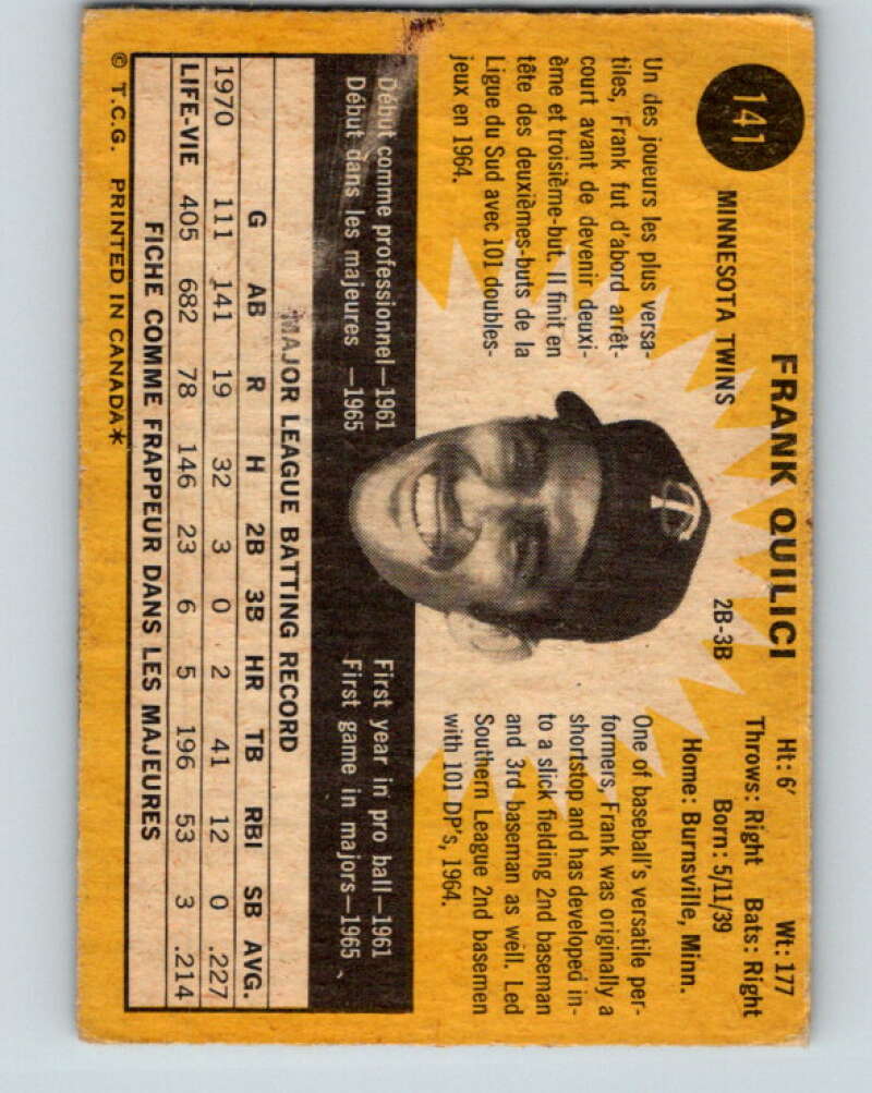 1971 O-Pee-Chee MLB #141 Frank Quilici� Minnesota Twins� V10903