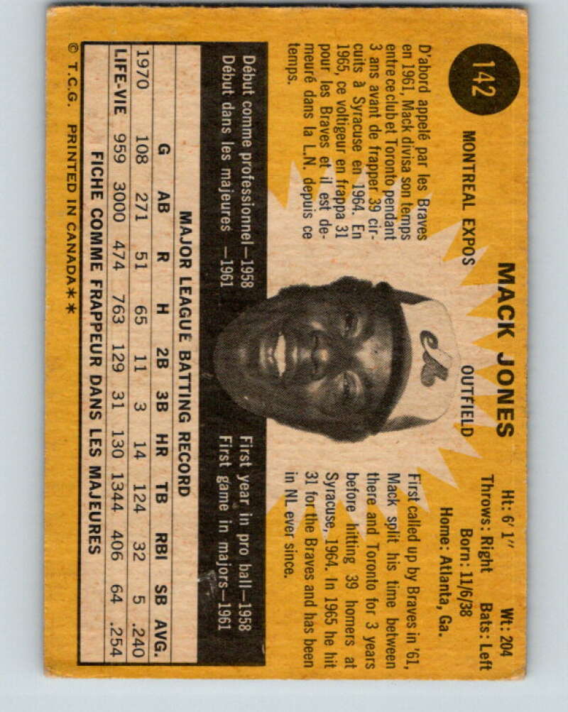 1971 O-Pee-Chee MLB #142 Mack Jones� Montreal Expos� V10906