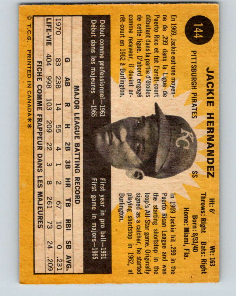 1971 O-Pee-Chee MLB #144 Jackie Hernandez� Pittsburgh Pirates� V10908