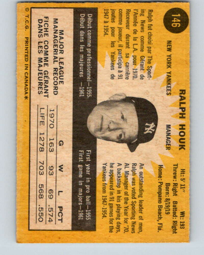 1971 O-Pee-Chee MLB #146 Ralph Houk� New York Yankees� V10913