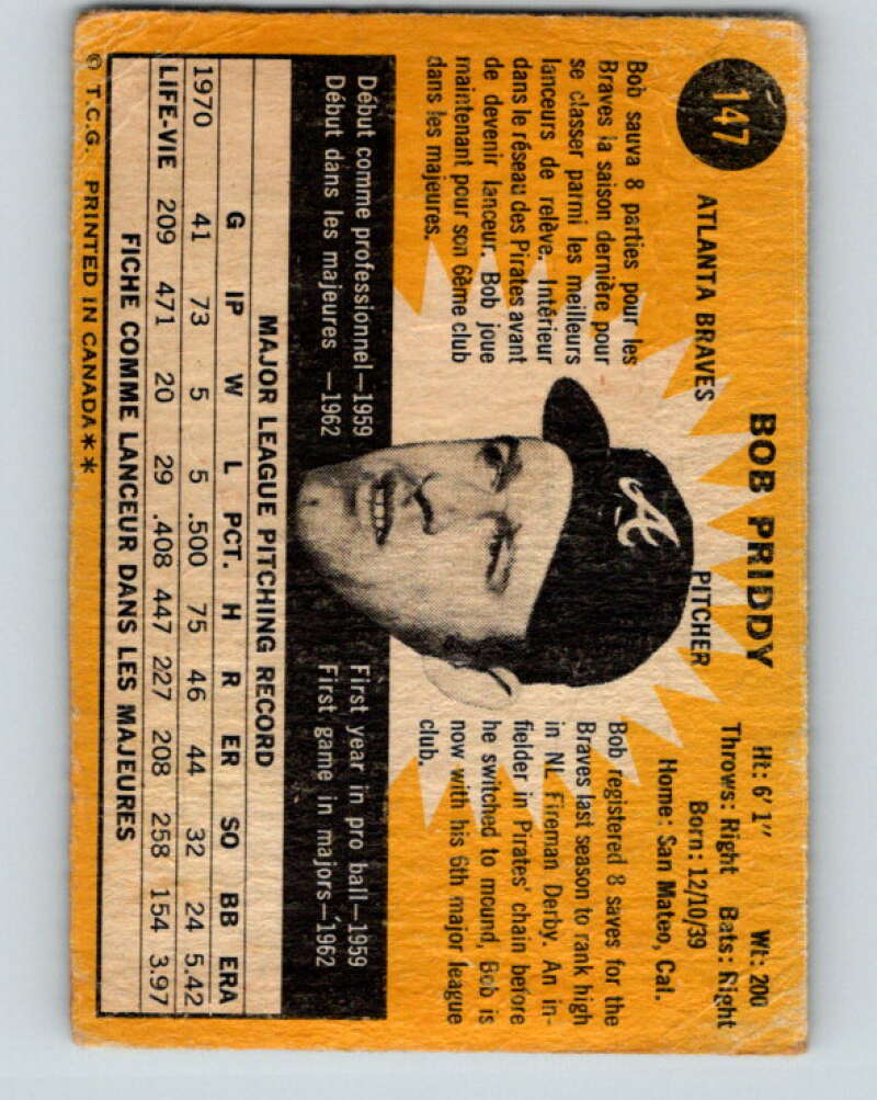 1971 O-Pee-Chee MLB #147 Bob Priddy� Atlanta Braves� V10914