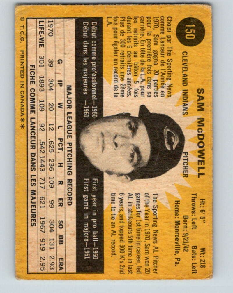 1971 O-Pee-Chee MLB #150 Sam McDowell� Cleveland Indians� V10917
