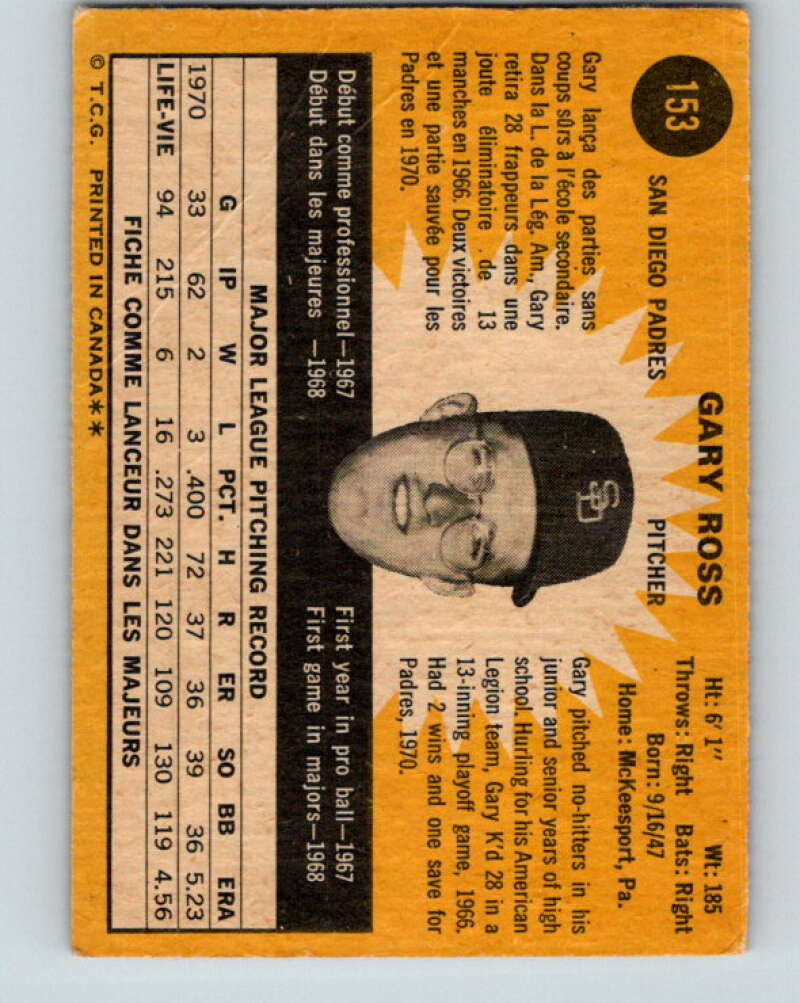 1971 O-Pee-Chee MLB #153 Gary Ross� San Diego Padres� V10924