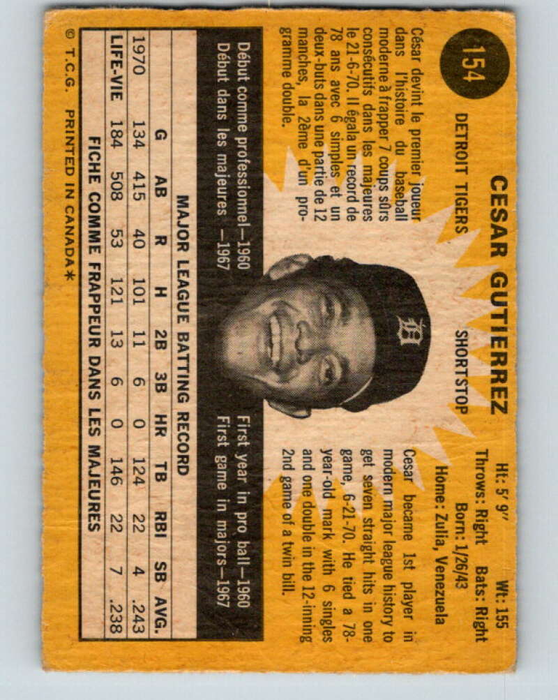 1971 O-Pee-Chee MLB #154 Cesar Gutierrez� Detroit Tigers� V10926