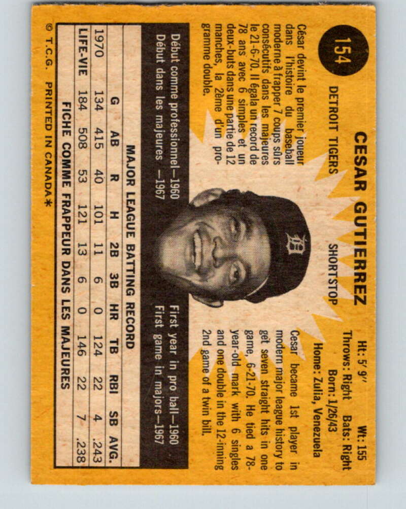 1971 O-Pee-Chee MLB #154 Cesar Gutierrez� Detroit Tigers� V10927