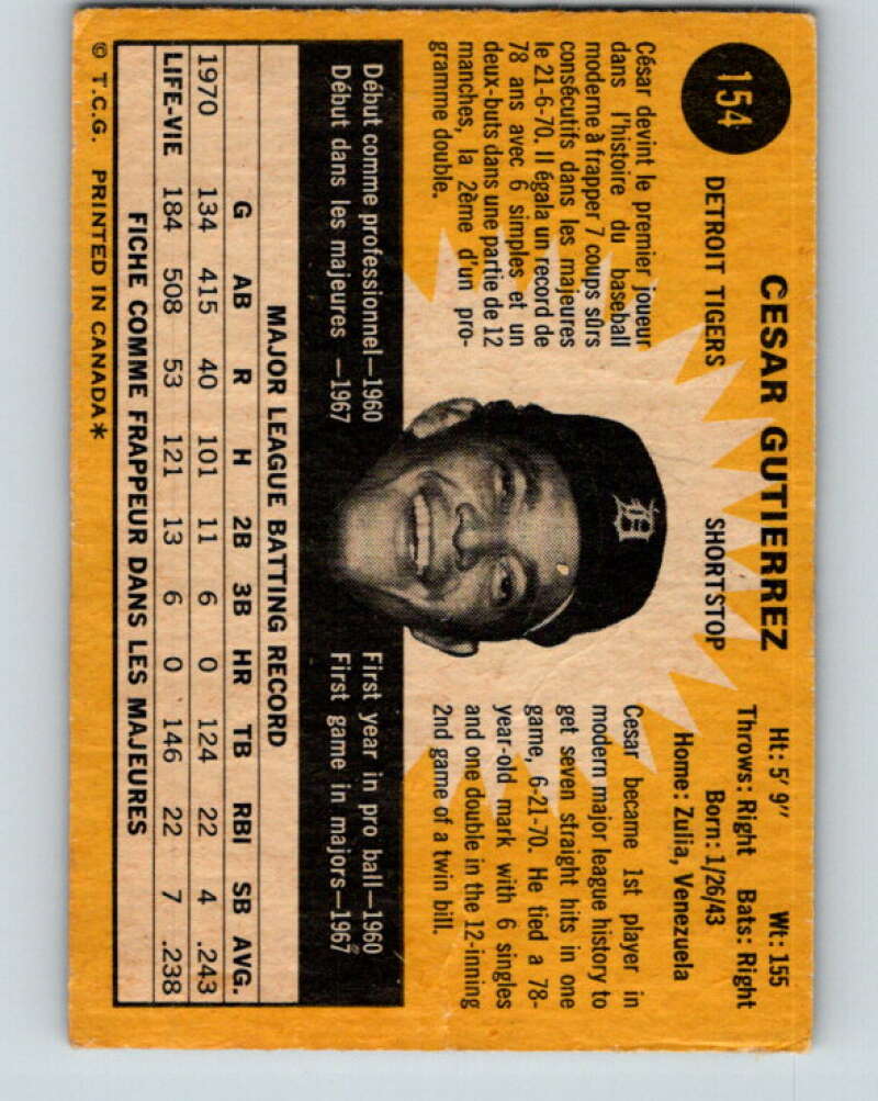 1971 O-Pee-Chee MLB #154 Cesar Gutierrez� Detroit Tigers� V10929