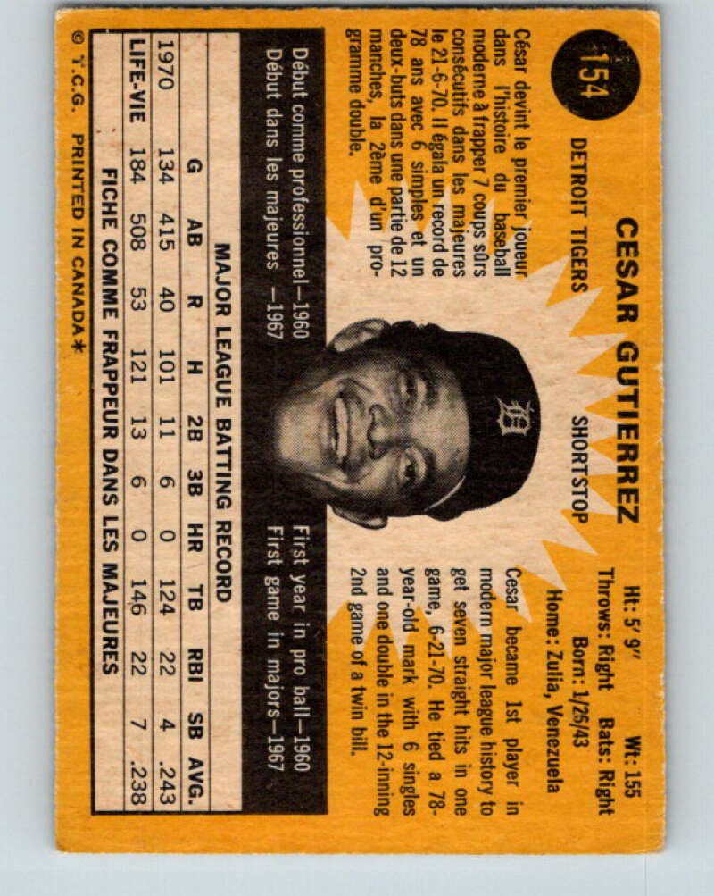1971 O-Pee-Chee MLB #154 Cesar Gutierrez� Detroit Tigers� V10930