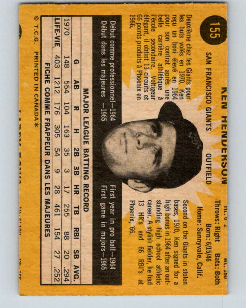 1971 O-Pee-Chee MLB #155 Ken Henderson� San Francisco Giants� V10931