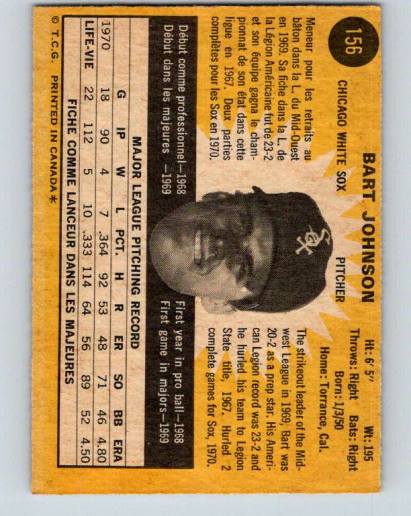 1971 O-Pee-Chee MLB #156 Bart Johnson� Chicago White Sox� V10932