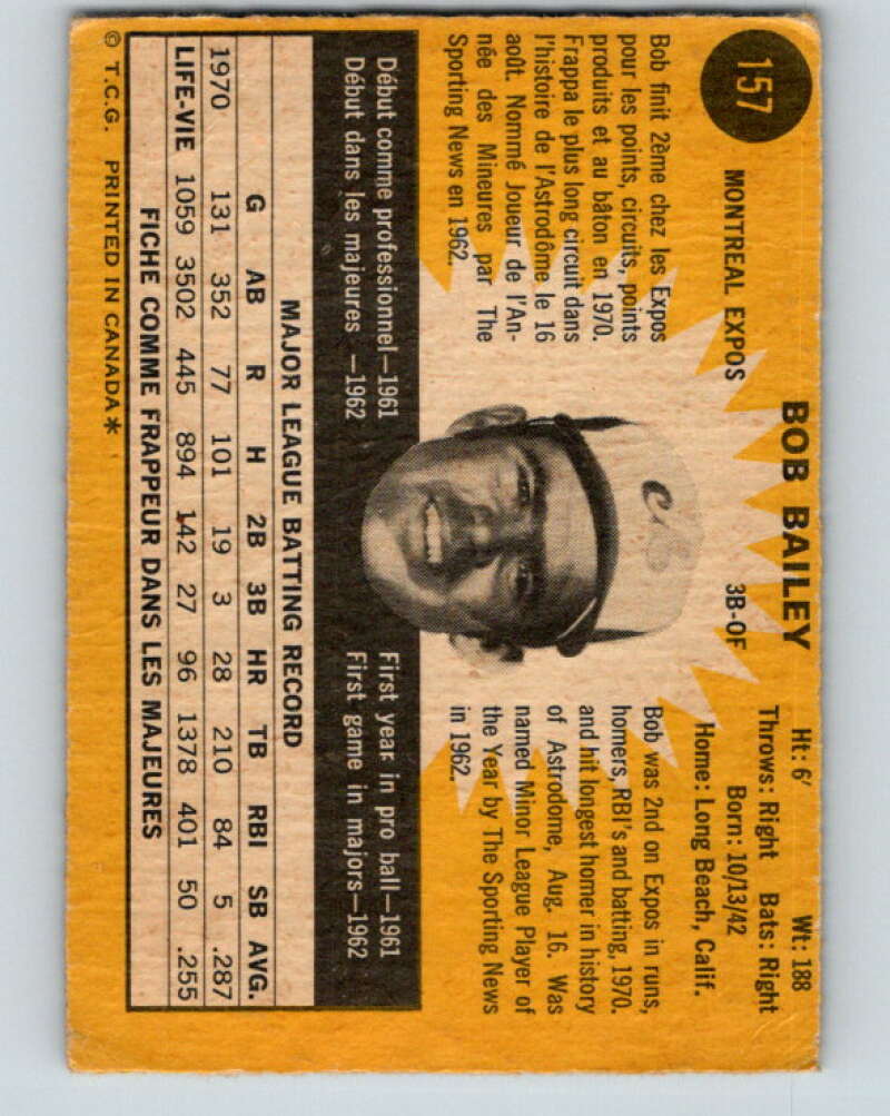 1971 O-Pee-Chee MLB #157 Bob Bailey� Montreal Expos� V10933