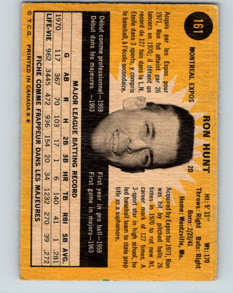 1971 O-Pee-Chee MLB #161 Ron Hunt� Montreal Expos� V10940