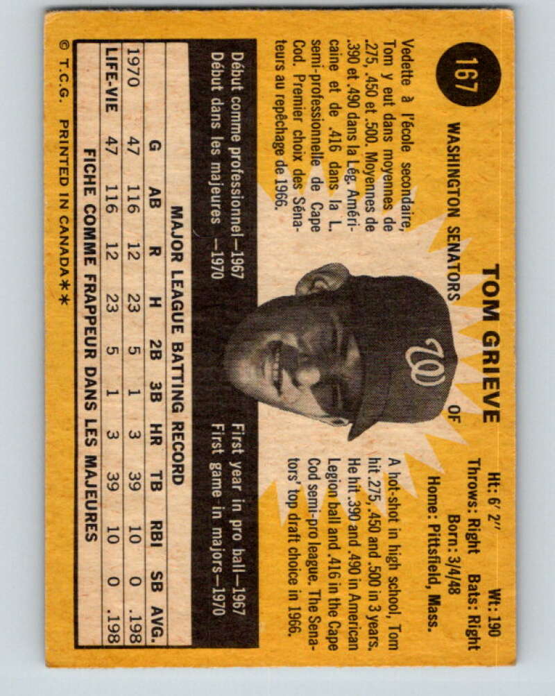 1971 O-Pee-Chee MLB #167 Tom Grieve� RC Rookie Washington V10957