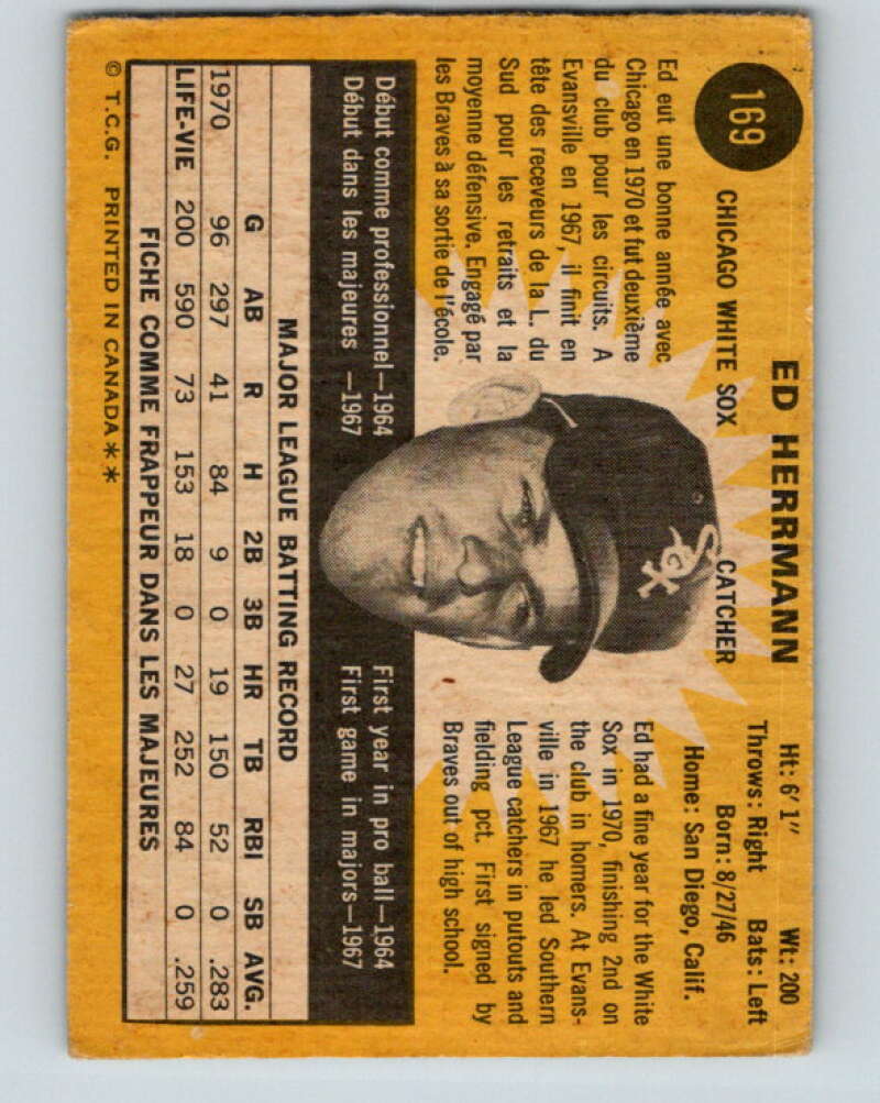 1971 O-Pee-Chee MLB #169 Ed Herrmann� Chicago White Sox� V10961