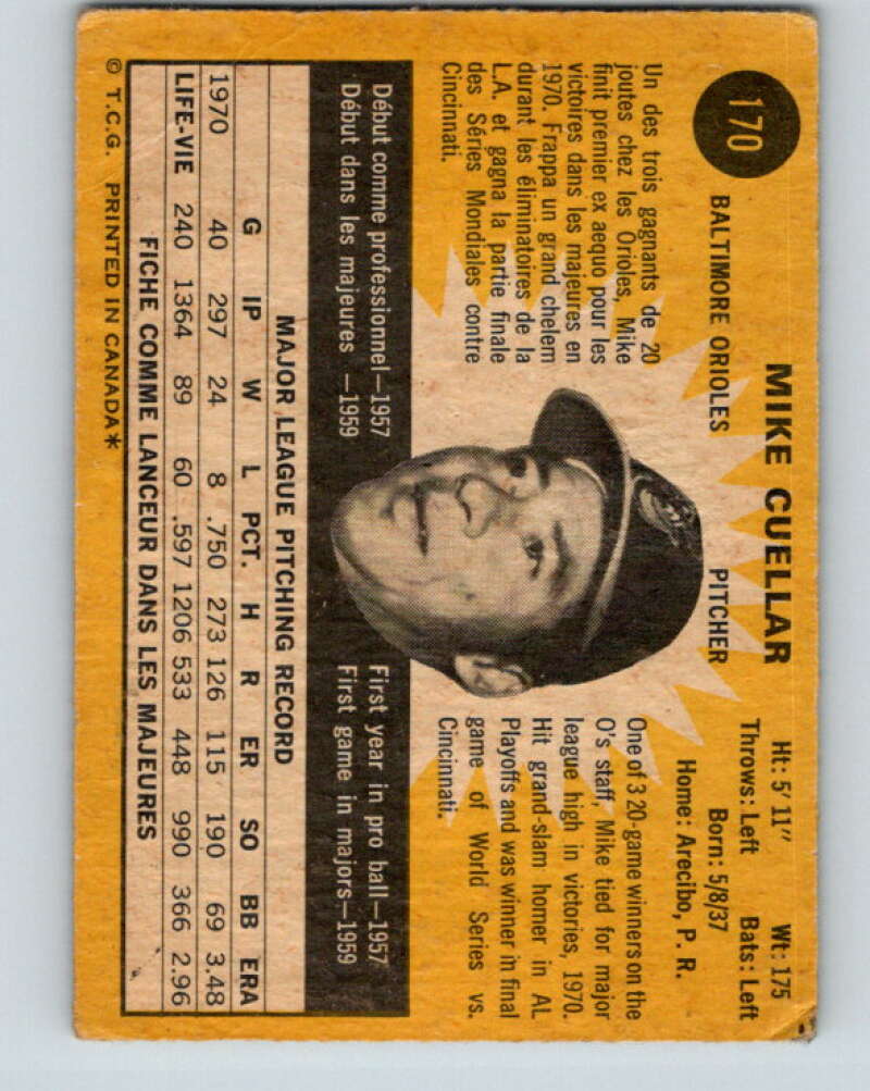1971 O-Pee-Chee MLB #170 Mike Cuellar� Baltimore Orioles� V10962