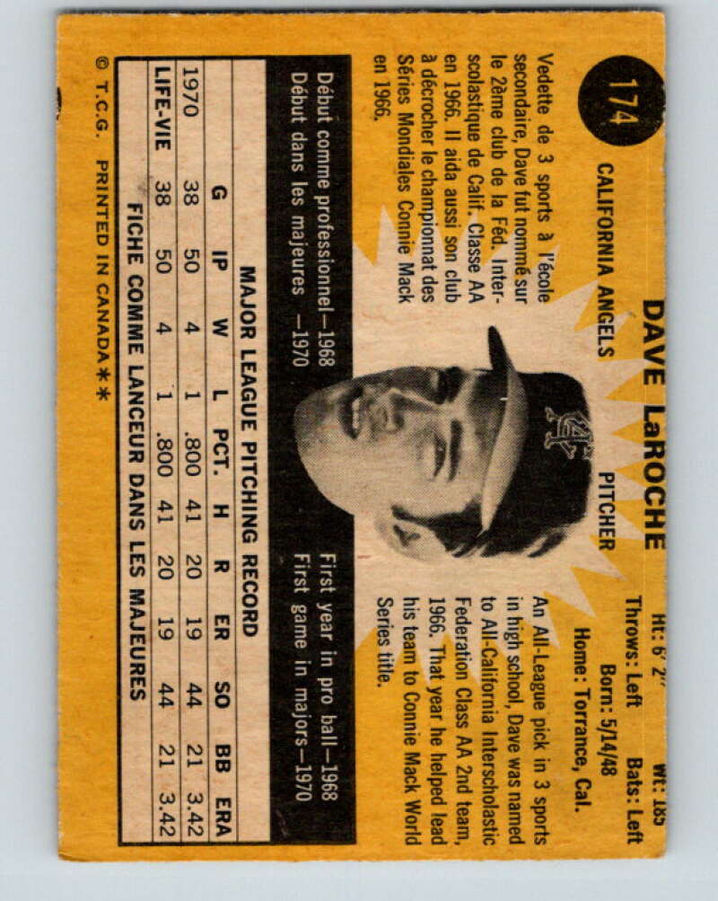 1971 O-Pee-Chee MLB #174 Dave LaRoche� RC Rookie California V10969