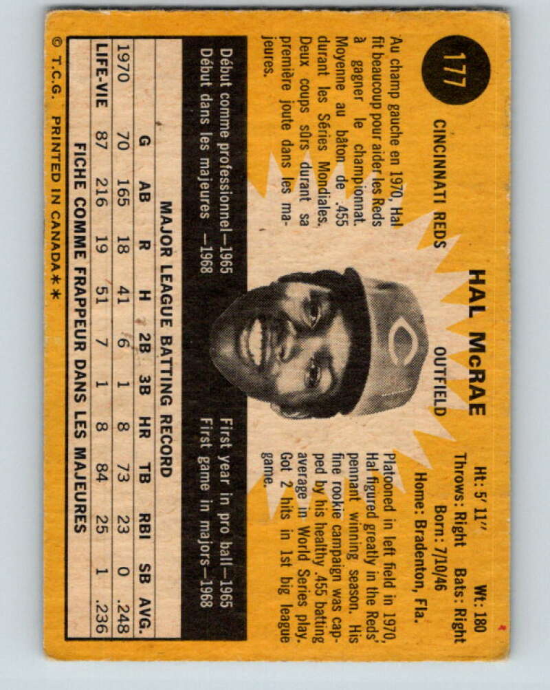 1971 O-Pee-Chee MLB #177 Hal McRae� Cincinnati Reds� V10972