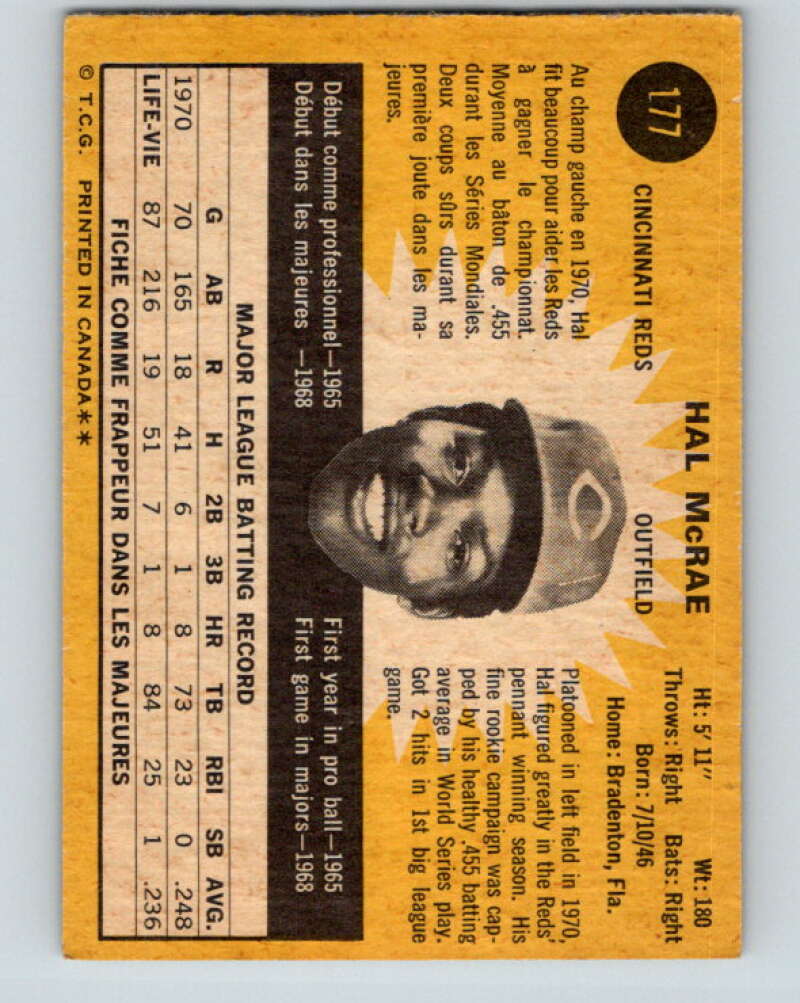 1971 O-Pee-Chee MLB #177 Hal McRae� Cincinnati Reds� V10973