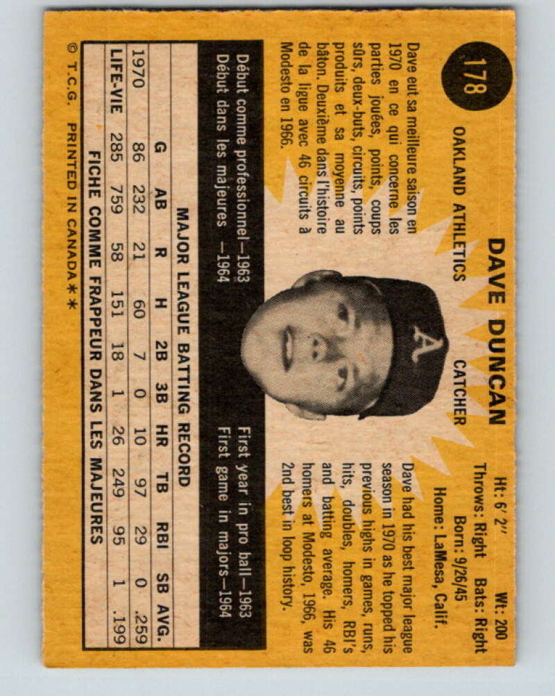 1971 O-Pee-Chee MLB #178 Dave Duncan� Oakland Athletics� V10975