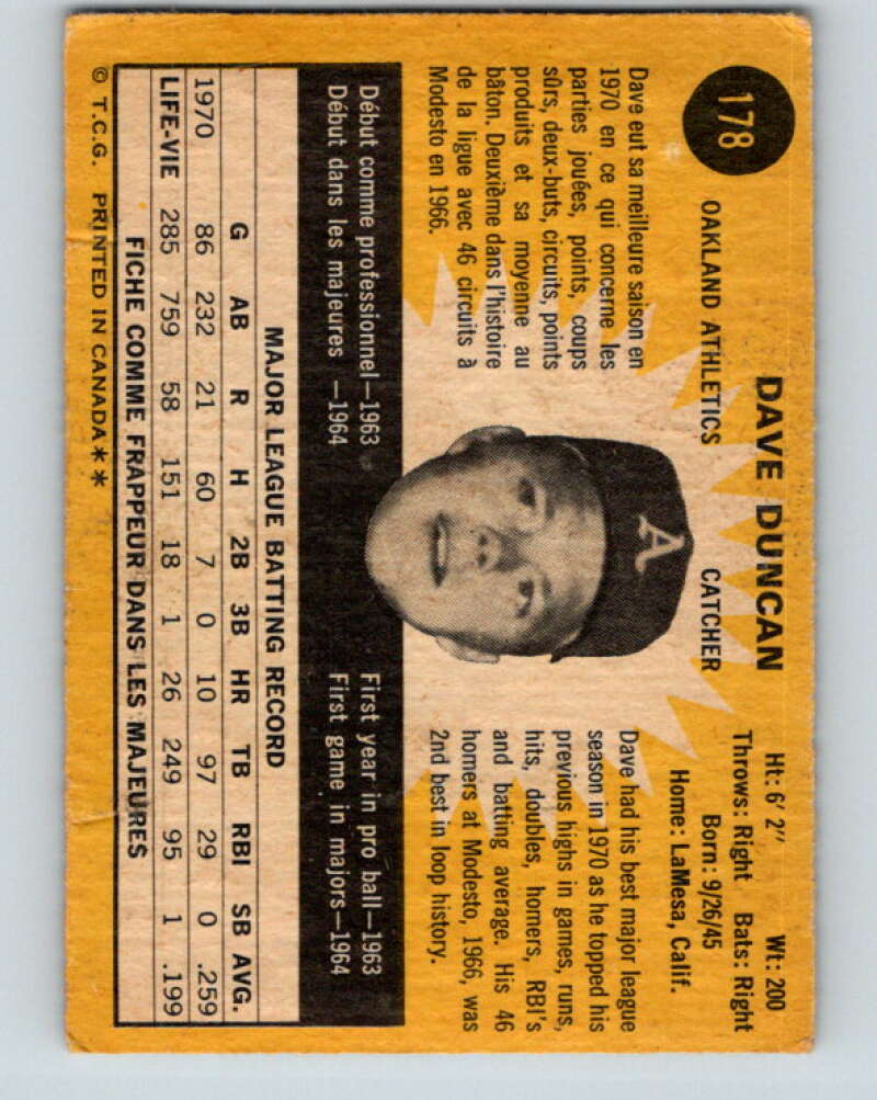 1971 O-Pee-Chee MLB #178 Dave Duncan� Oakland Athletics� V10976
