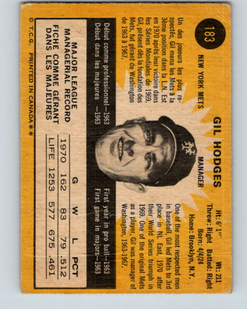 1971 O-Pee-Chee MLB #183 Gil Hodges� New York Mets� V10983