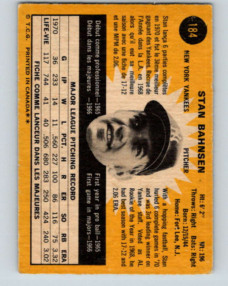 1971 O-Pee-Chee MLB #184 Stan Bahnsen� New York Yankees� V10985