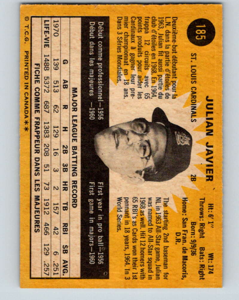 1971 O-Pee-Chee MLB #185 Julian Javier� St. Louis Cardinals� V10988
