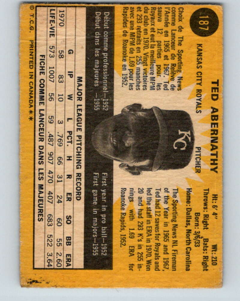 1971 O-Pee-Chee MLB #187 Ted Abernathy� Kansas City Royals� V10991