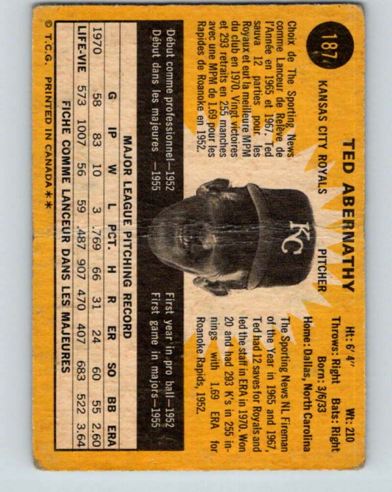 1971 O-Pee-Chee MLB #187 Ted Abernathy� Kansas City Royals� V10992