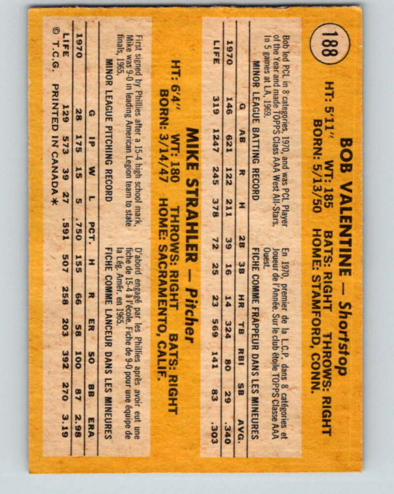 1971 O-Pee-Chee MLB #188 Valentine/Strahler� RC Rookie� V10995