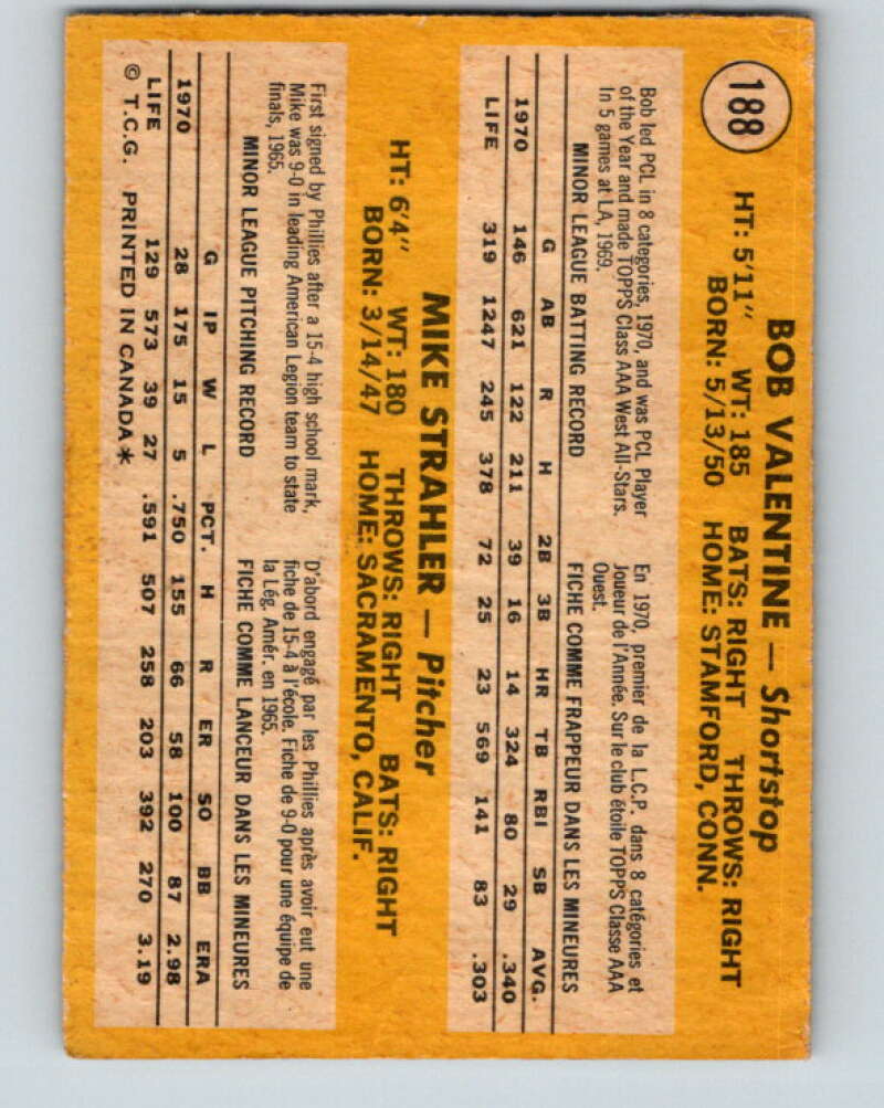 1971 O-Pee-Chee MLB #188 Valentine/Strahler� RC Rookie� V10997