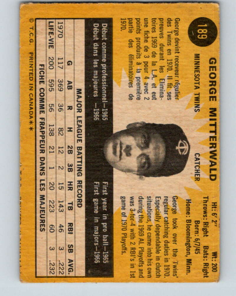 1971 O-Pee-Chee MLB #189 George Mitterwald� Minnesota Twins� V11000