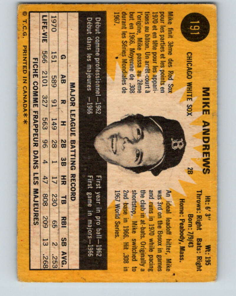 1971 O-Pee-Chee MLB #191 Mike Andrews� Chicago White Sox� V11001