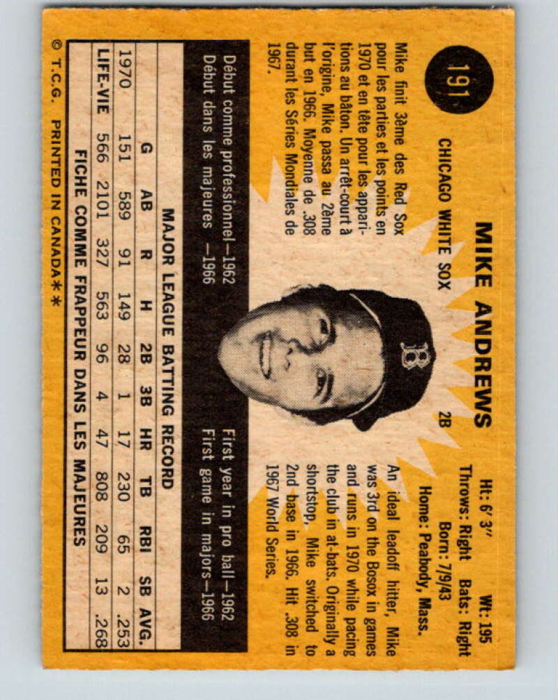 1971 O-Pee-Chee MLB #191 Mike Andrews� Chicago White Sox� V11002