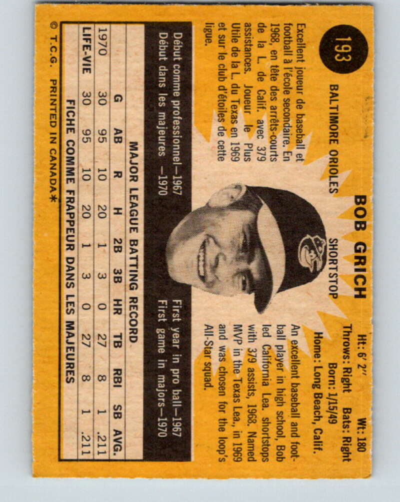 1971 O-Pee-Chee MLB #193 Bobby Grich� RC Rookie Baltimore� V11005