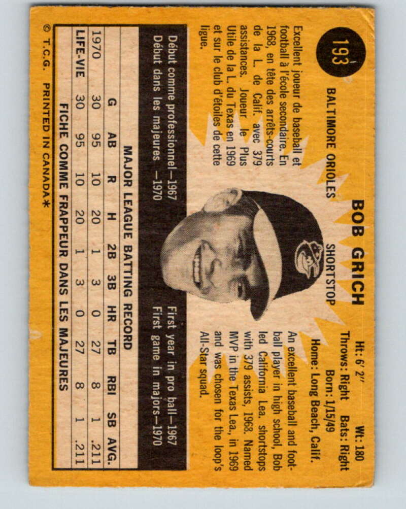 1971 O-Pee-Chee MLB #193 Bobby Grich� RC Rookie Baltimore� V11007
