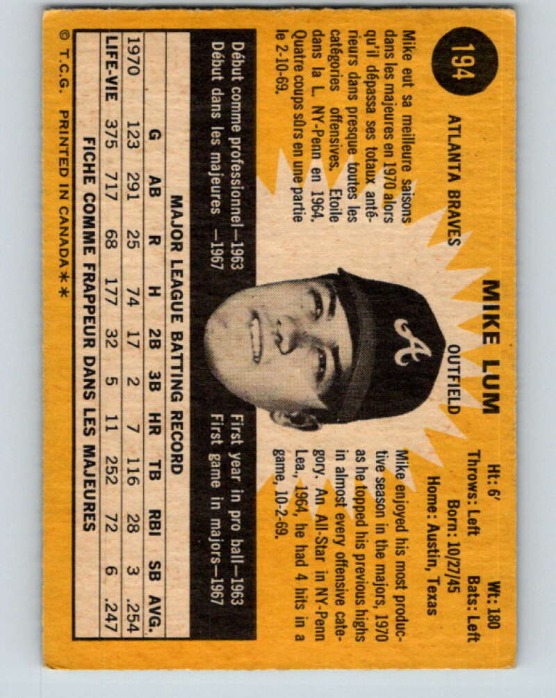 1971 O-Pee-Chee MLB #194 Mike Lum� Atlanta Braves� V11008